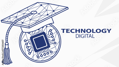 Technology graduation cap with chip and circuitry vector Abstract