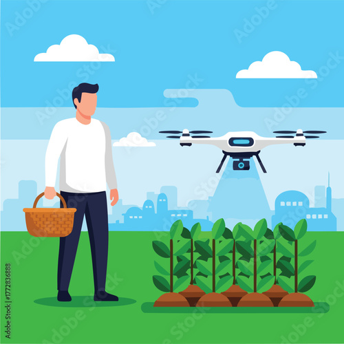 Farmer with drone inspecting crops in field.