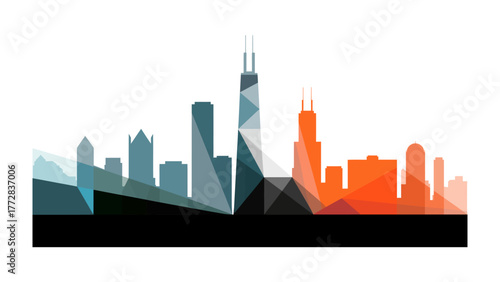 Urban Silhouette: A captivating geometric representation of a city skyline, blending color and form to evoke the essence of urban architecture and design.