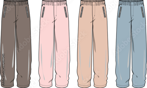 Technical flat illustrations of comfortable unisex joggers or sweatpants in various muted colors, perfect for modern casual and athletic apparel design