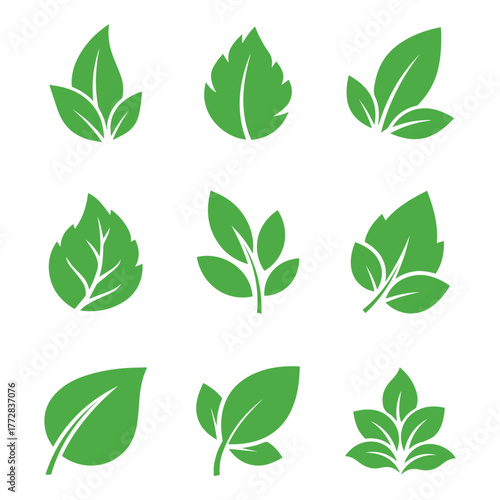 Green Leaf Icons Vector Set, Nature, Organic, and Eco Symbol.