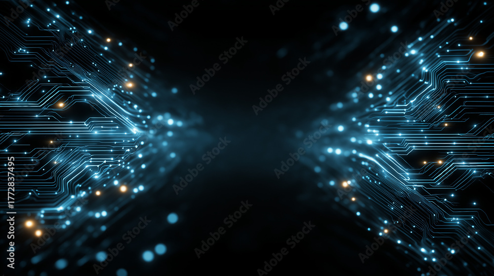 Naklejka premium Digital Pathways: An abstract representation of interconnected data streams and electronic pathways pulses with light, suggesting complex networks and technological innovation.