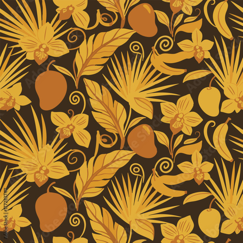 Golden Tropical Leaves, Mangoes, and Bananas Seamless Pattern on Dark Brown Background
