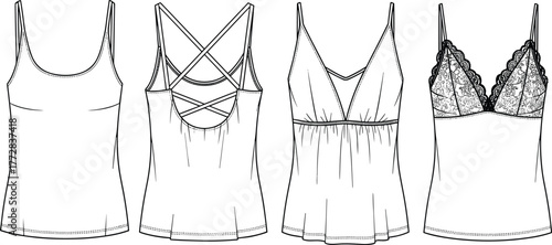 Technical fashion flats template drawing of women's camisole tank tops, including basic strap, crisscross back, bustier, and lace detail styles, vector illustration for apparel design.