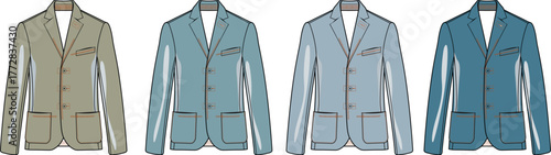 A diverse collection of elegantly illustrated men's blazers in an array of earthy and cool color tones, representing modern fashion and professional attire