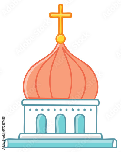Cartoon Church Dome Illustration, Eastern European Architecture with Cross