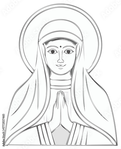 Spiritual woman with halo praying illustration traditional line art