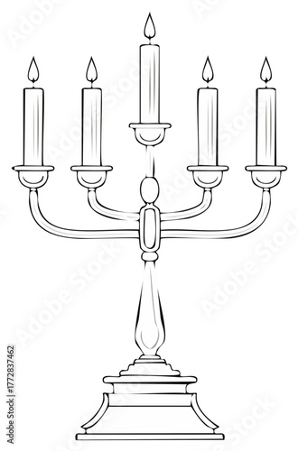 Elegant five-arm candelabra with lit candles line art illustration