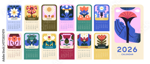 Designs set of 2026 wall calendar with flowers. Templates of months with floral print. Layouts with abstract wildflowers, bloom meadow plants. Cards with whimsical nature. Flat vector illustrations.