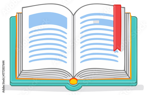 Illustration of Open Book with Blue Lines on Pages and Red Bookmark for Education and Literature Concepts