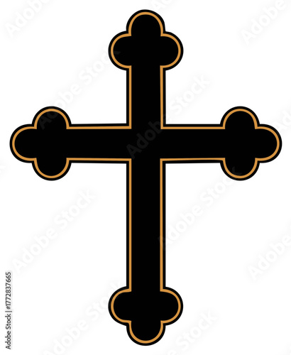 Traditional Christian cross symbol featuring black design and elegant gold trefoil tips spiritual icon