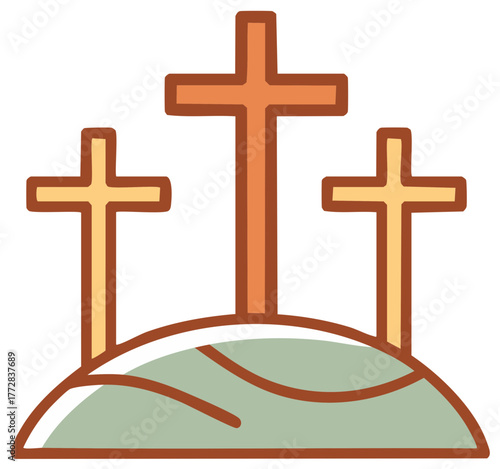 Three Crosses on a Hill Cartoon Illustration, Easter or Religious Symbol