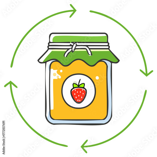 Jar of delicious strawberry jam surrounded by a circular arrow graphic symbolizing processing or preservation