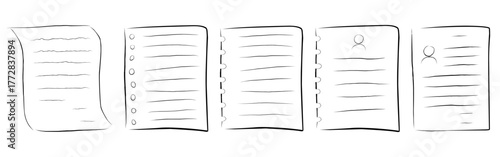 Set of minimalist hand drawn paper and notebook page sketches with lines, holes, and profile icons. Simple outline illustration collection for stationery, writing, document, or education themes.