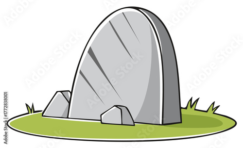 Cartoon standing stone on grassy knoll with smaller rocks, graphic style