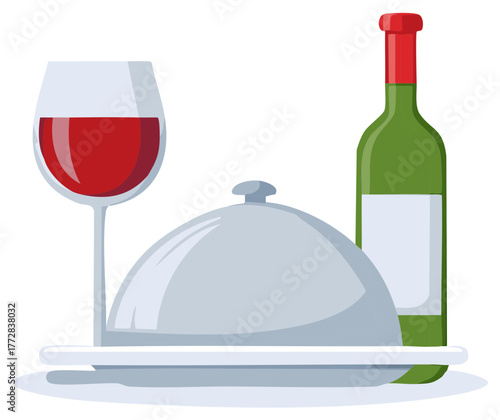 Food platter with cloche, full wineglass, and unopened bottle, restaurant or catering service illustration.