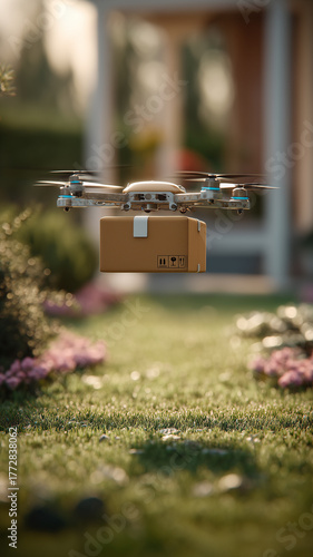 Delivery Drone Flying with Parcel in Suburban Residential Neighborhood

