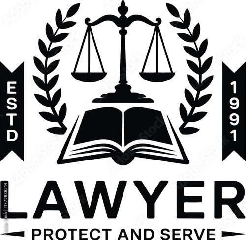 Lawyer emblem symbol justice scales open book laurel wreath established 1991 legal profession