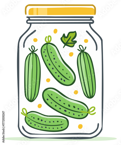 Hand drawn illustration of a glass jar filled with pickles and small yellow dots