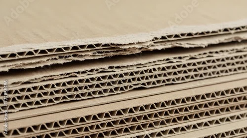 Close-up of Stacked Corrugated Cardboard Sheets for Packaging and Crafts.