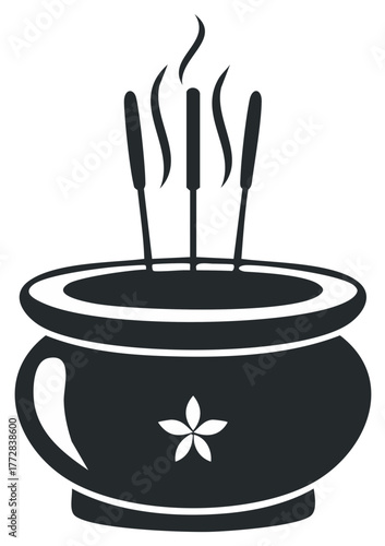 Minimalist icon of a traditional incense burner with smoking sticks for spiritual or wellness concepts