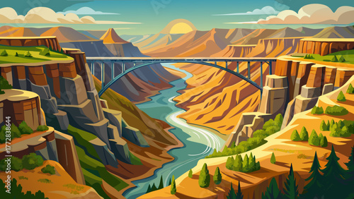 Very beautiful aerial view of Perrine Bridge in Twin Falls, Idaho, USA, spanning the deep Snake River Canyon with cars driving across, surrounded by rugged cliffs and natural scenery.