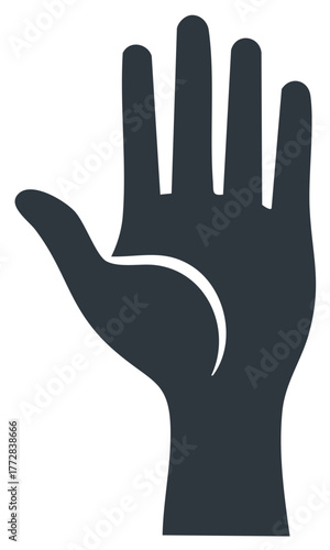 Dark grey stylized open hand icon with palm forward and fingers spread, featuring a white abstract line