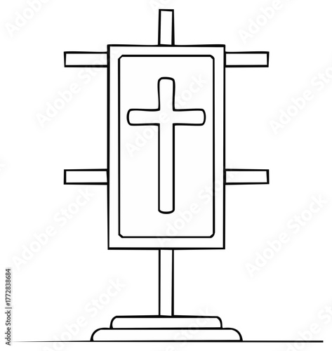 Outline of a religious processional cross on a stand with simple geometric design