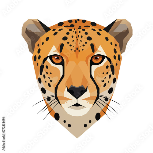 A striking geometric flat 2D vector illustration of a cheetah face rendered with clean shapes and strong contrasts against a pure white background.