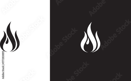 Minimalist abstract flame logo icon on white and black backgrounds, symbolizing energy, passion, and warmth