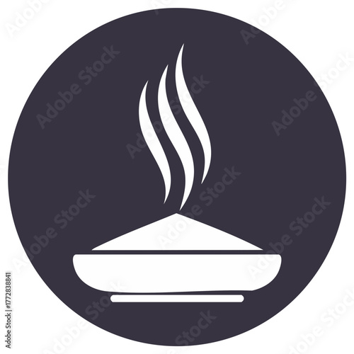 White steaming food bowl icon in dark circle