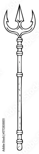 Stylized Trident Illustration, Long Spear Design with Three Prongs, Fantasy Weapon Isolated on Plain Background