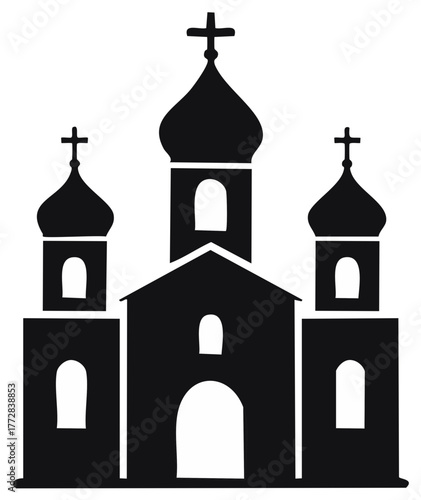 Orthodox Church Building Silhouette with Onion Domes and Crosses