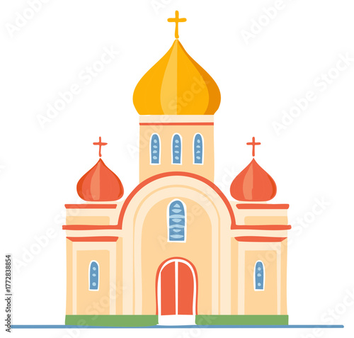 Colorful Orthodox Church with Golden and Red Domes and Crosses