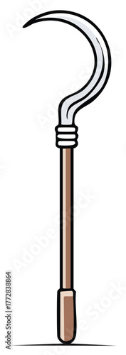 Cartoon sickle tool for agriculture and harvesting with a curved blade and wooden handle