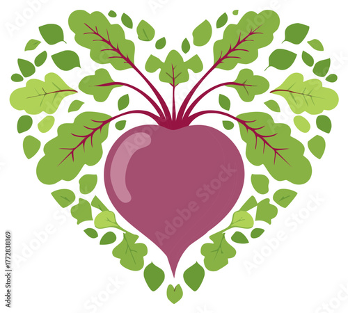 Beetroot love symbol with leaves around heart shape for organic food and healthy living