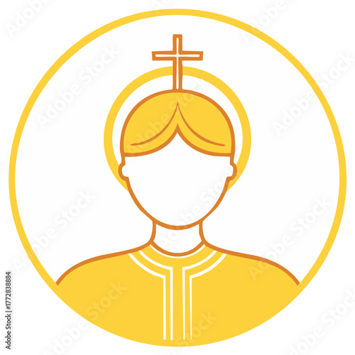 Monochrome Religious Icon Depicting a Saint or Religious Figure with Halo and Cross Motif, Simple Graphic Style