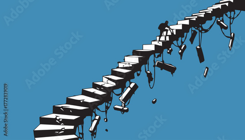 Struggle to Success on Broken Stairs Vector Perseverance and Challenge. Black And White.