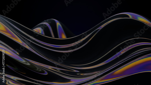 Abstract dark wavy background with iridescent reflections, creating a mesmerizing and futuristic design on black