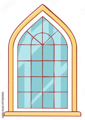 Elegant Arched Window Frame with Light Blue Glass and Rectangular Panes, A Cartoon Style Illustration