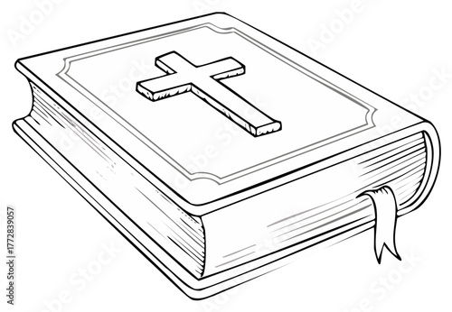 Illustration of a Holy Bible with a cross symbol on its cover and a ribbon bookmark