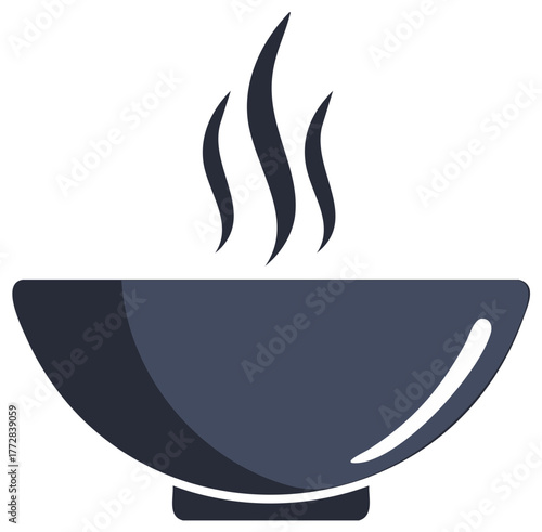Simple vector icon of a dark bowl filled with hot steaming soup or food