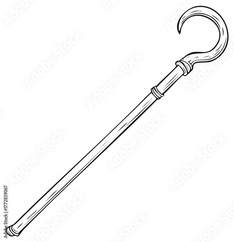 Hand drawn illustration of a classic shepherd crook staff with a curved hook