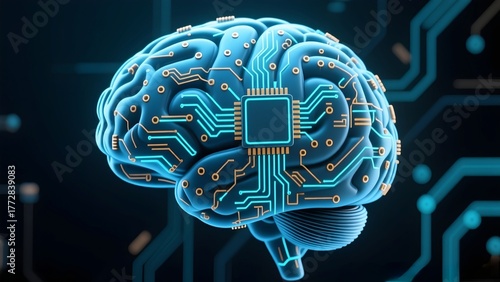 Visualization showing the human brain integrated with digital circuits and microprocessors