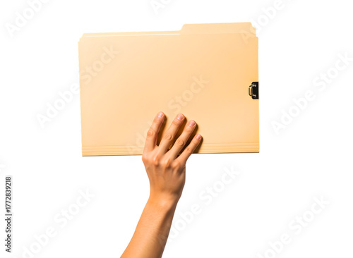 Hand holding a manila file folder isolated on transparent background