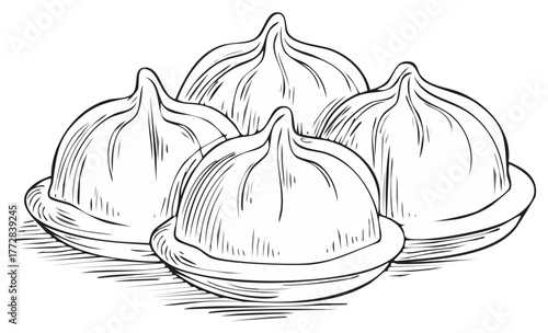 Hand drawn black and white illustration of traditional Asian food dumplings in a vintage sketch style