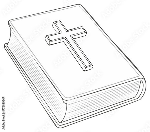 Line art illustration of a Bible with a cross on the cover.