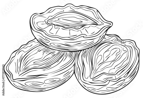 Black and white line drawing of three dried apricots, one cut in half showing the stone pit