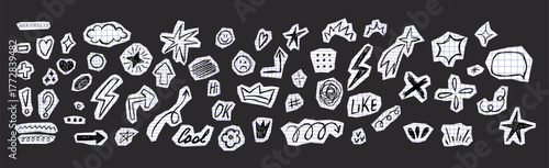 Note paper stickers with hand drawn marker simple elements set. Grunge doodle underlines stars, arrows, lines in scrapbook collage