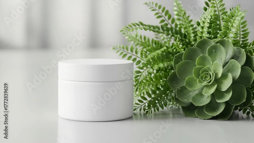 Cosmetic Cream Jar with Green Plants on a White Surface.